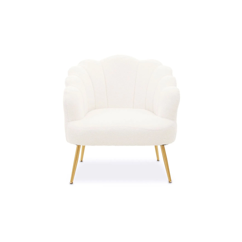 White Teddy Seashell Armchair with Gold Legs Adjustable Foot Studs, Bedroom, Dining Room, Living Room